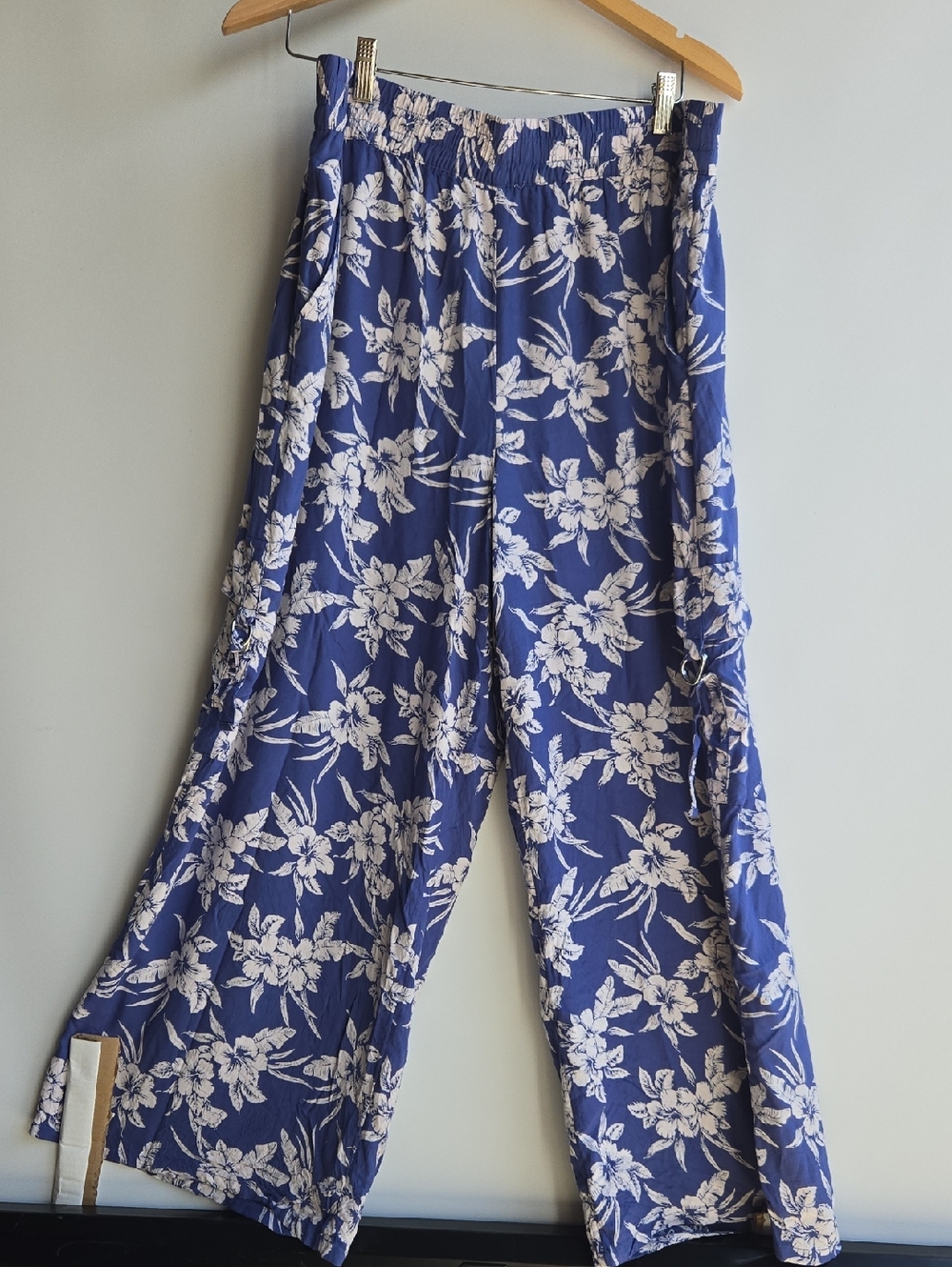 American Eagle Vacational Palazzo White Floral Hibiscus Wide Leg Pant Blue Xlaaà